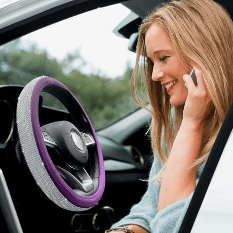 SM Select Interior Comfort & Styling Leather Steering Wheel Cover With Bling Crystal Rhinestones