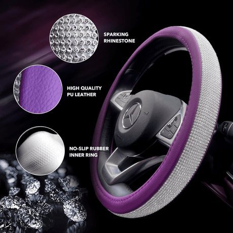 SM Select Interior Comfort & Styling Leather Steering Wheel Cover With Bling Crystal Rhinestones