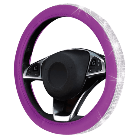 SM Select Interior Comfort & Styling Leather Steering Wheel Cover With Bling Crystal Rhinestones