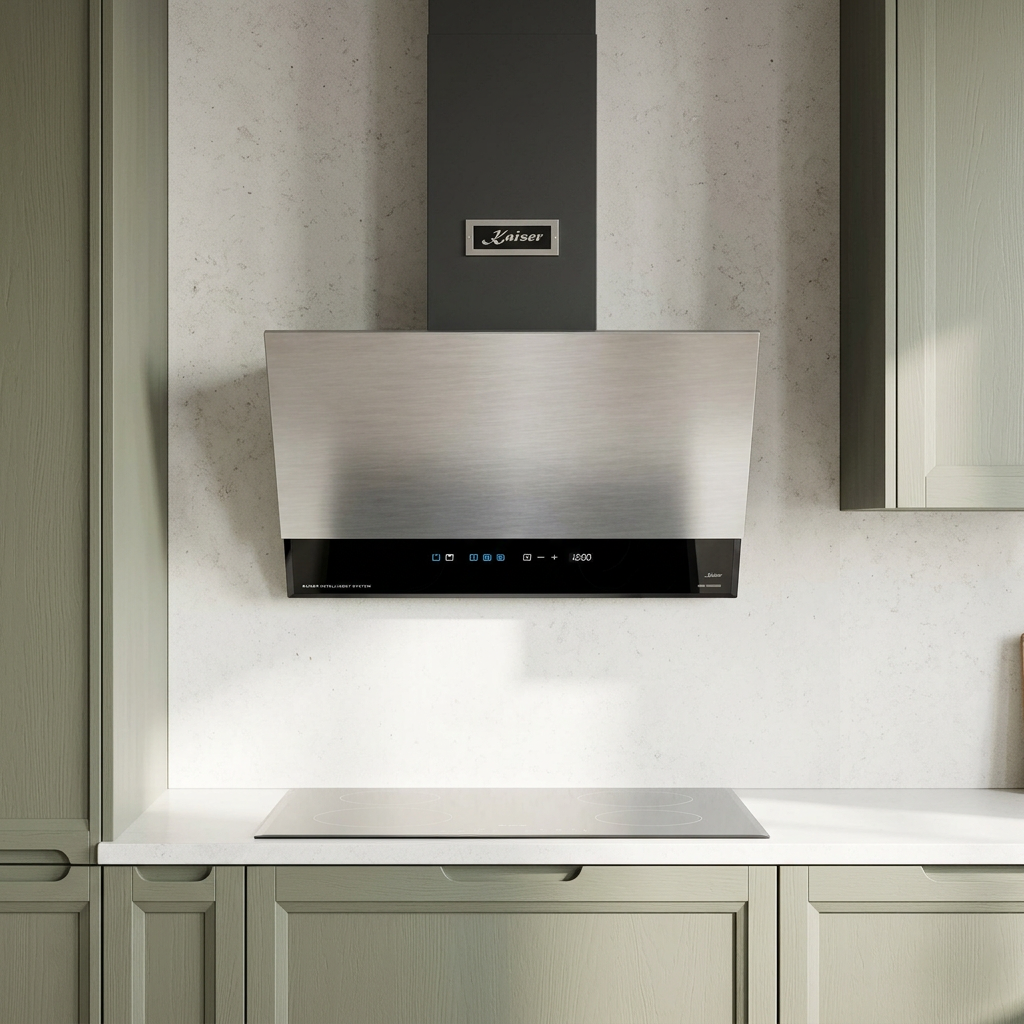 Steel Kaiser Avantgarde Pro hood installed in a sage kitchen