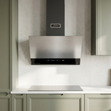 Steel Kaiser Avantgarde Pro hood installed in a sage kitchen