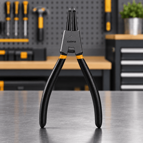 Straight-tip Coofix circlip pliers on a workshop table