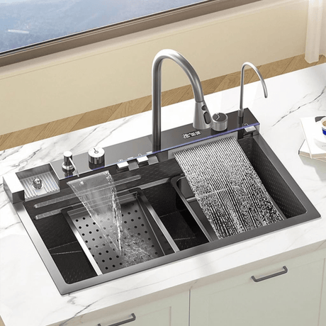 Supply Master Kitchen Sink Black Modern Waterfall Kitchen Stainless Steel Sink 75x46x23cm One Bowl Sink With Tap Extendable And Accessories