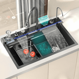 Supply Master Kitchen Sink Black Modern Waterfall Kitchen Stainless Steel Sink 75x46x23cm One Bowl Sink With Tap Extendable And Accessories