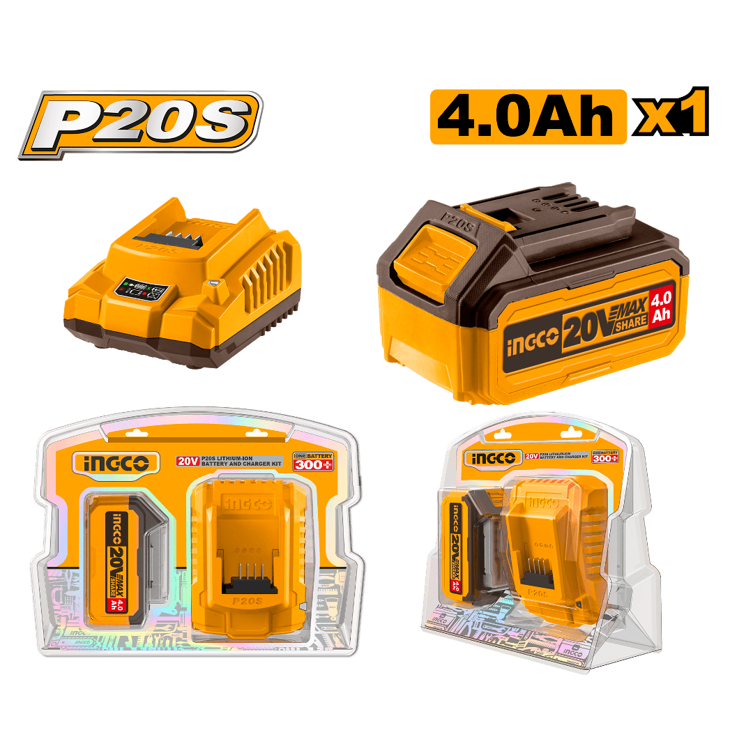 Ingco 20V 4.0Ah Lithium-Ion Battery Pack and Charger Kit - FBCPK1214 | Supply Master Accra, Ghana Batteries & Chargers Buy Tools hardware Building materials