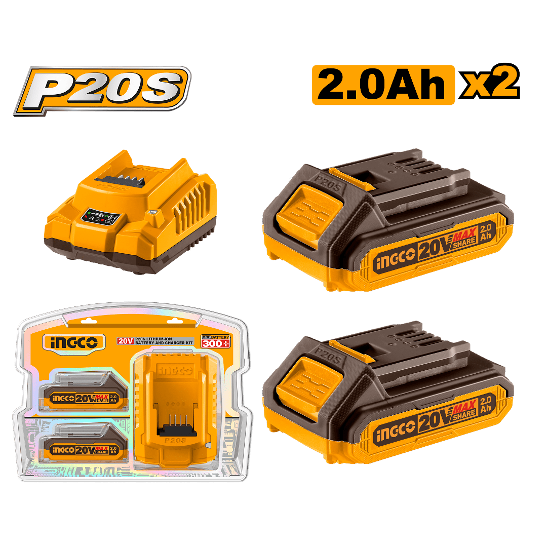 Ingco Two 20V 2.0Ah Lithium-Ion Battery Pack and Charger Kit - FBCPK1222 | Supply Master Accra, Ghana Batteries & Chargers Buy Tools hardware Building materials