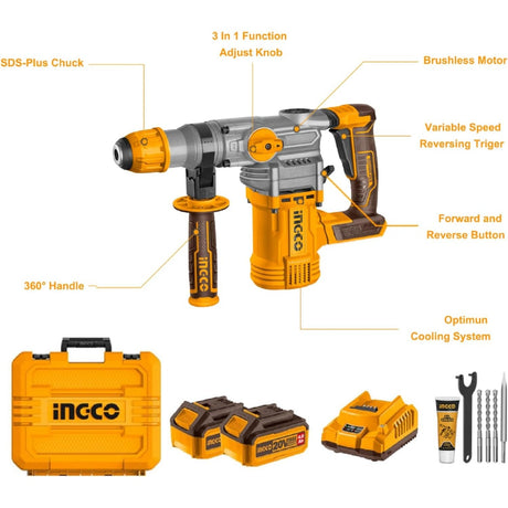 Ingco Brushless Lithium-Ion Rotary Hammer with Two 20V 4.0Ah Batteries - CRHLI202882 | Supply Master Accra, Ghana Drill Buy Tools hardware Building materials