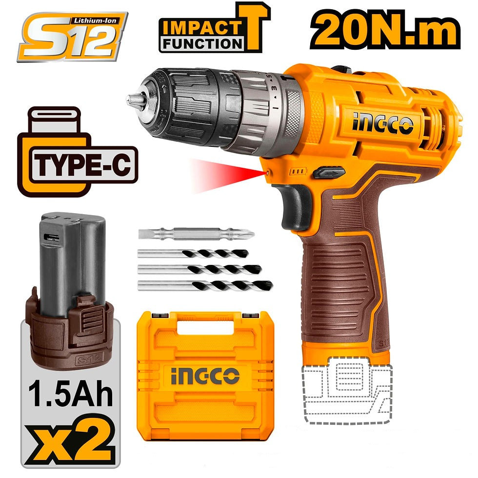 Ingco Lithium-Ion Cordless Hammer Impact Drill 12V - CIDLI1232 | Shop Online in Accra, Ghana - Supply Master Drill Buy Tools hardware Building materials