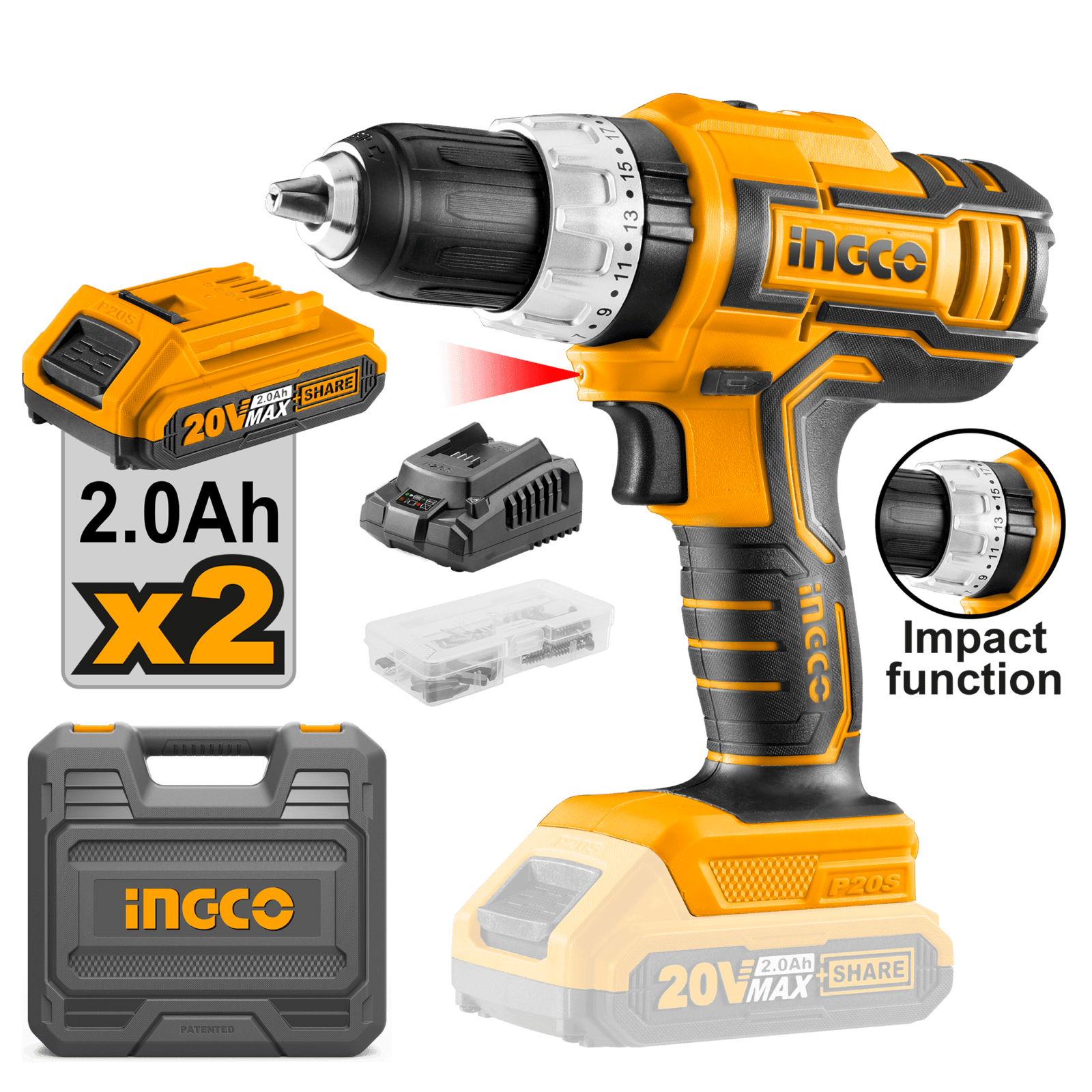 Ingco Lithium-Ion Cordless Drill with Two 20V Batteries - CIDLI20031 | Buy Online in Accra, Ghana - Supply Master Drill Buy Tools hardware Building materials