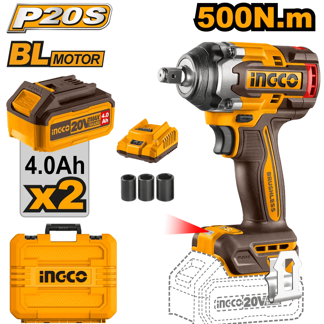 Boost your mechanical projects with the Ingco 1/2" Lithium-Ion Cordless Impact Wrench. Featuring two 20V 4.0Ah batteries and a charger, this high-torque tool offers efficiency and power. Get yours at SupplyMaster.store Ghana! Impact Wrench & Driver Buy Tools hardware Building materials