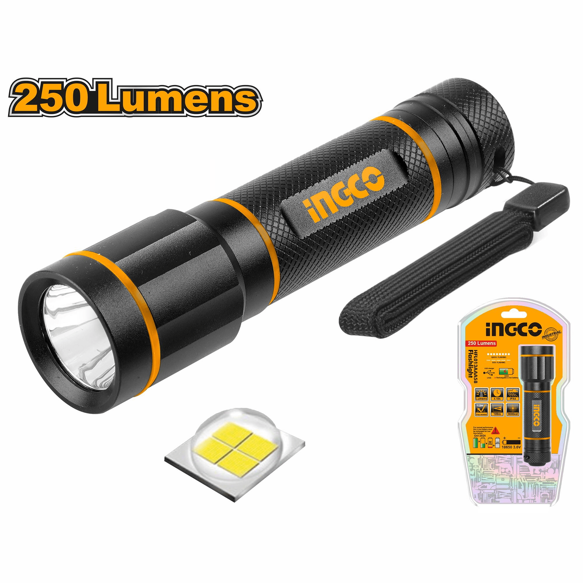 Ingco Waterproof Rechargeable LED Flashlight 250 Lumens HFL013AAA58 | Supply Master Accra, Ghana Specialty Safety Equipment Buy Tools hardware Building materials