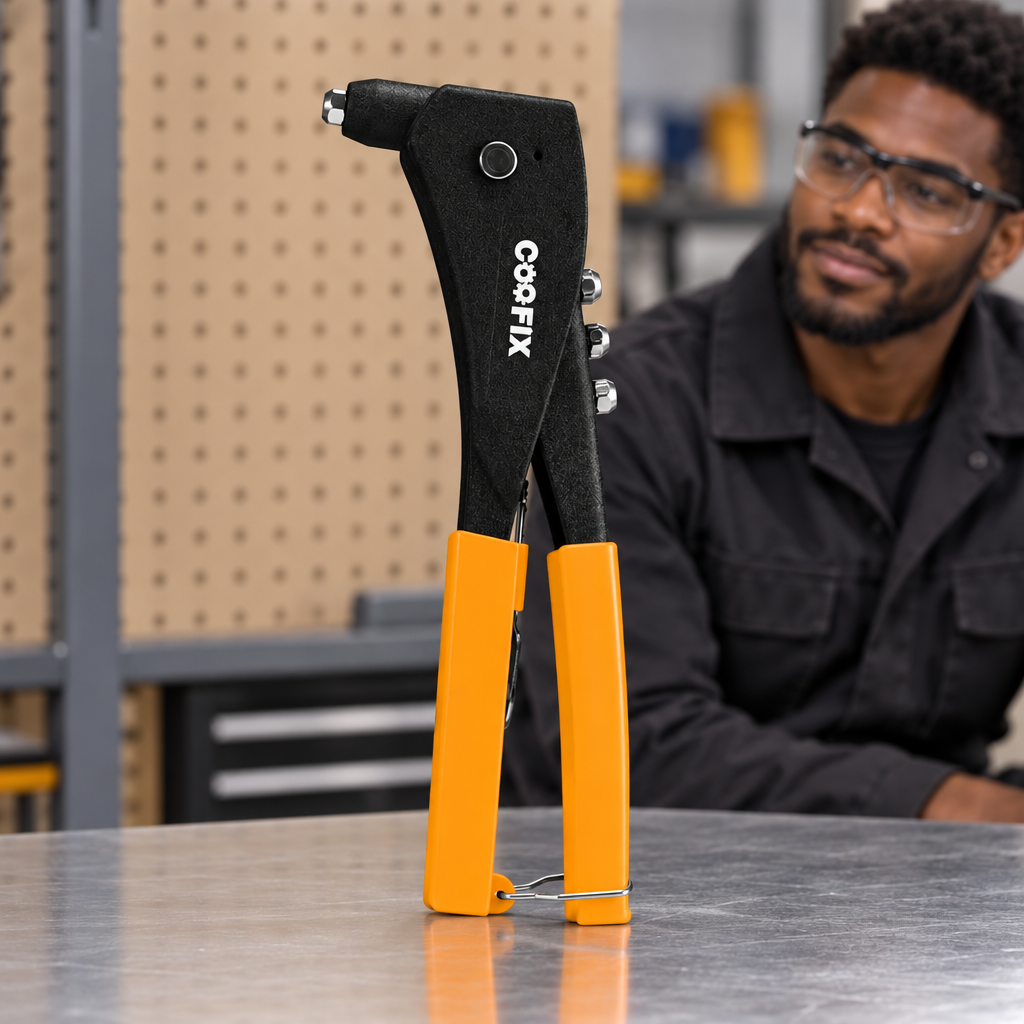 Technician assessing the upright Coofix aluminium-and-PVC riveter