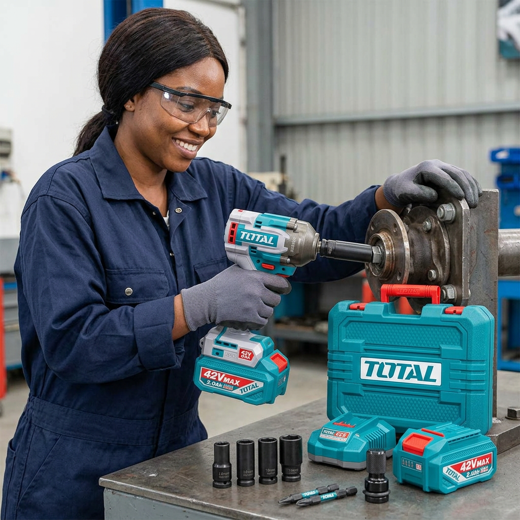 Technician demonstrating the impact wrench on a secured hub