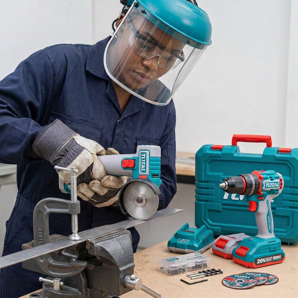 Technician demonstrating the mini cut-off tool on clamped steel