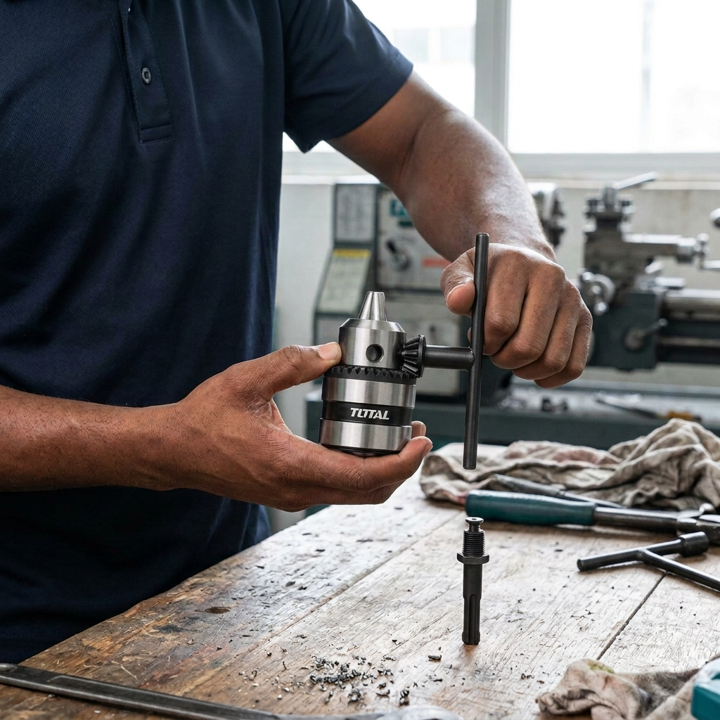 Technician demonstrating the Total keyed drill chuck