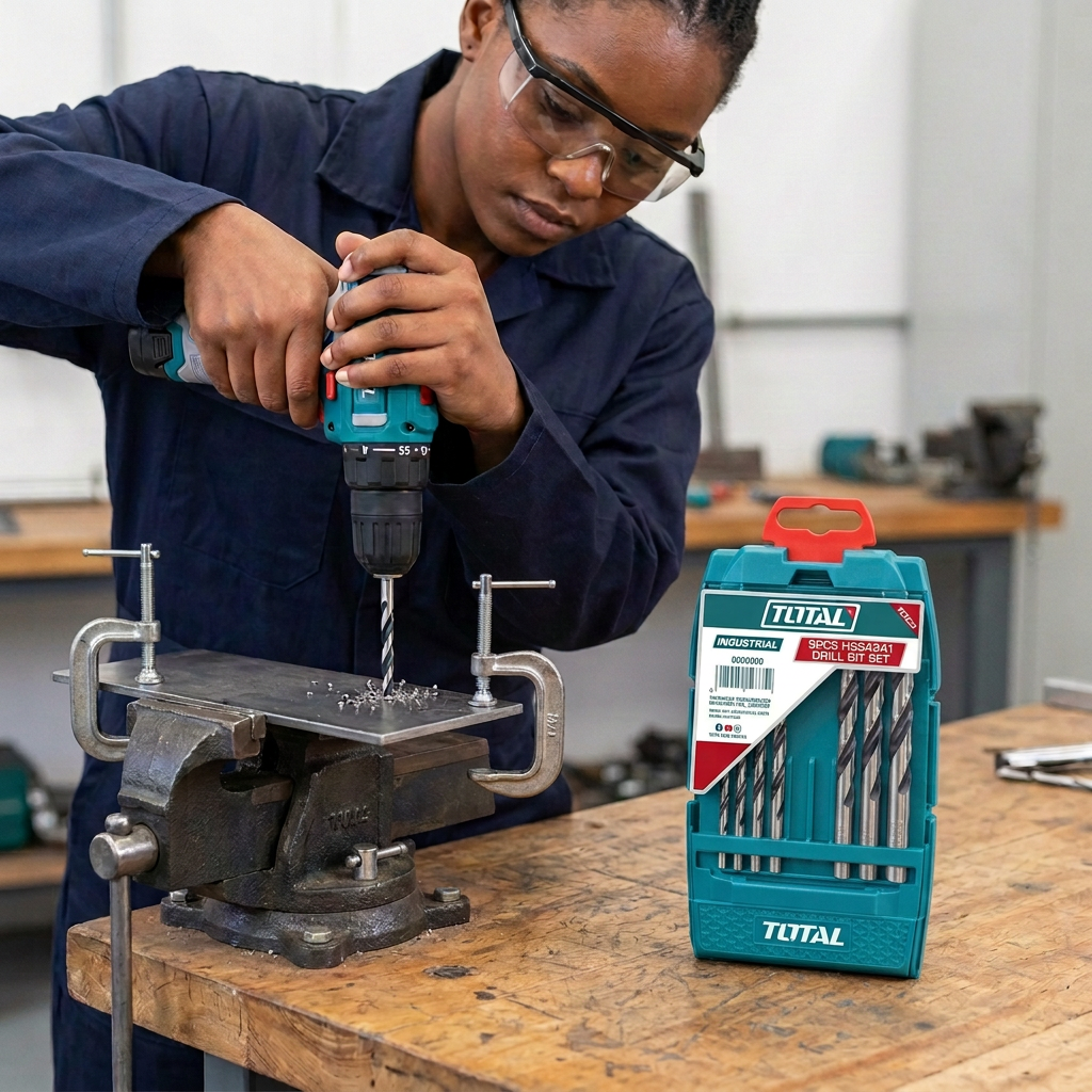 Technician drilling a clamped metal plate