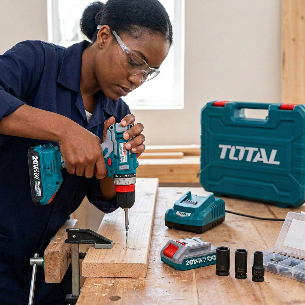 Technician driving a screw into clamped timber