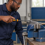 Technician filing a clamped metal edge with the Coofix round file