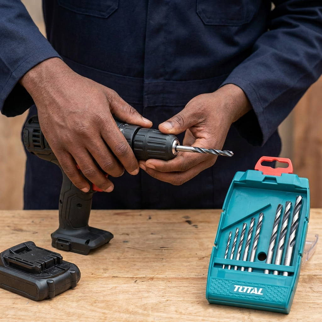 Technician fitting a drill bit with the battery removed