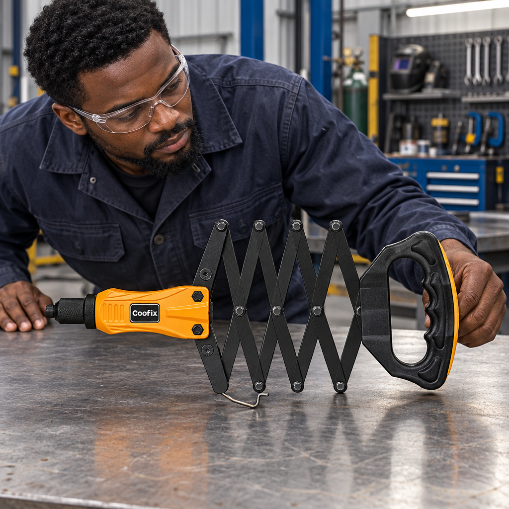 Technician inspecting the Coofix folding riveter