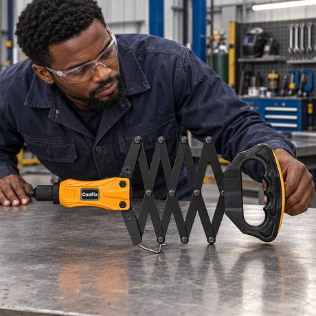 Technician inspecting the Coofix folding riveter