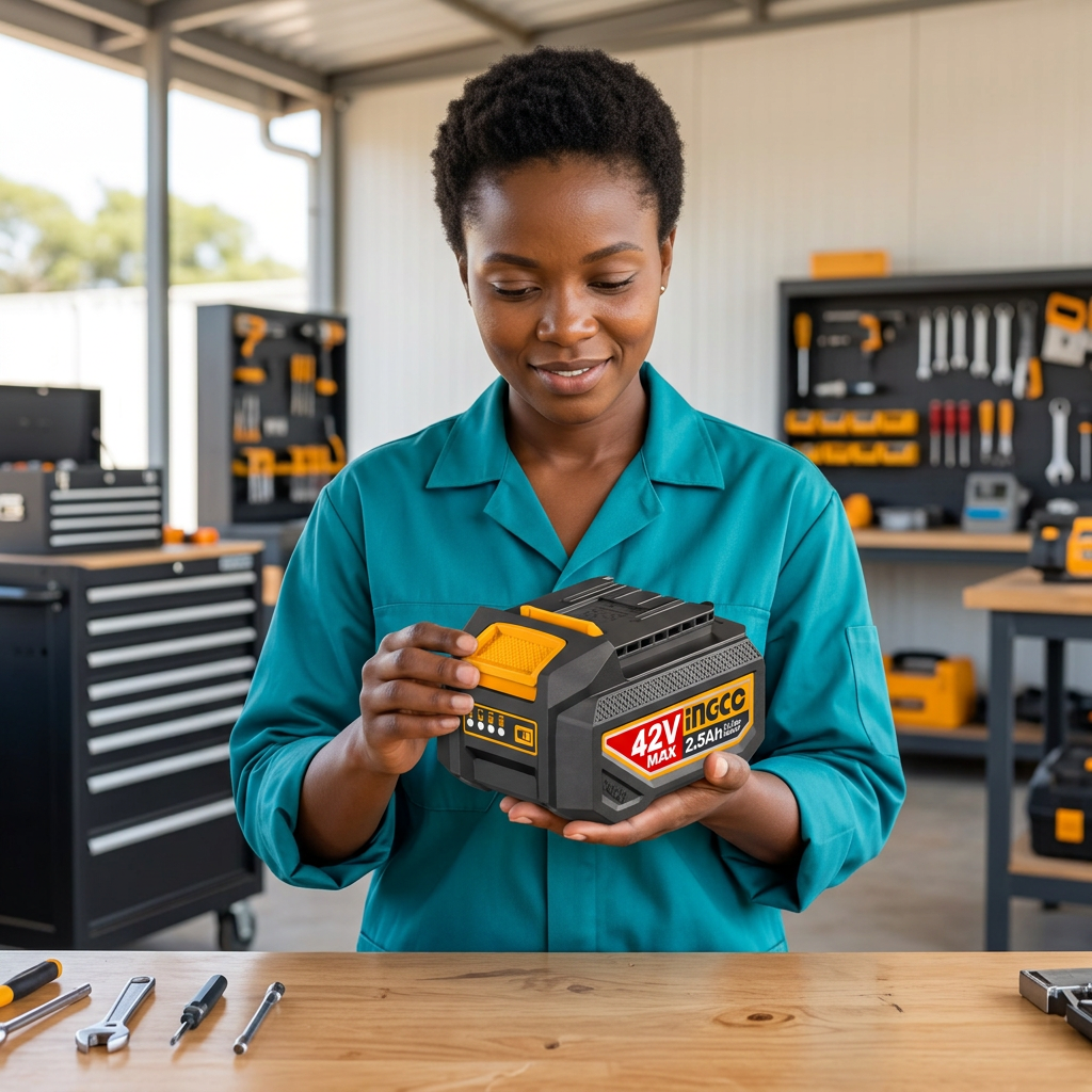Technician inspecting the Ingco 42V 2.5Ah battery before work