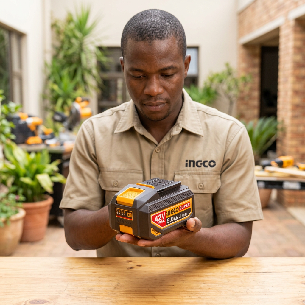 Technician inspecting the Ingco 5.0Ah battery before work