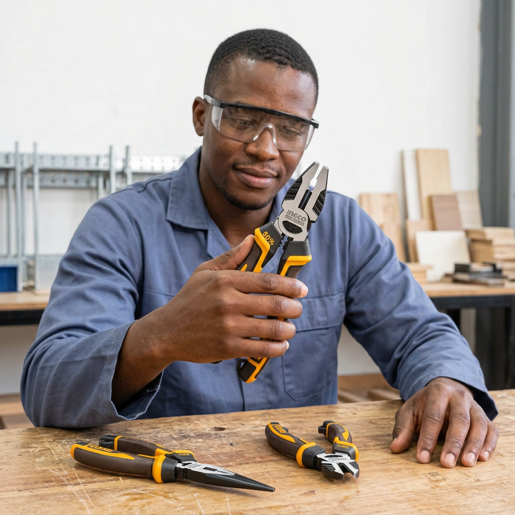 Technician inspecting the Ingco combination pliers with the other two tools on the bench