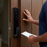 Technician inspecting the mounted C13-6085 smart lock