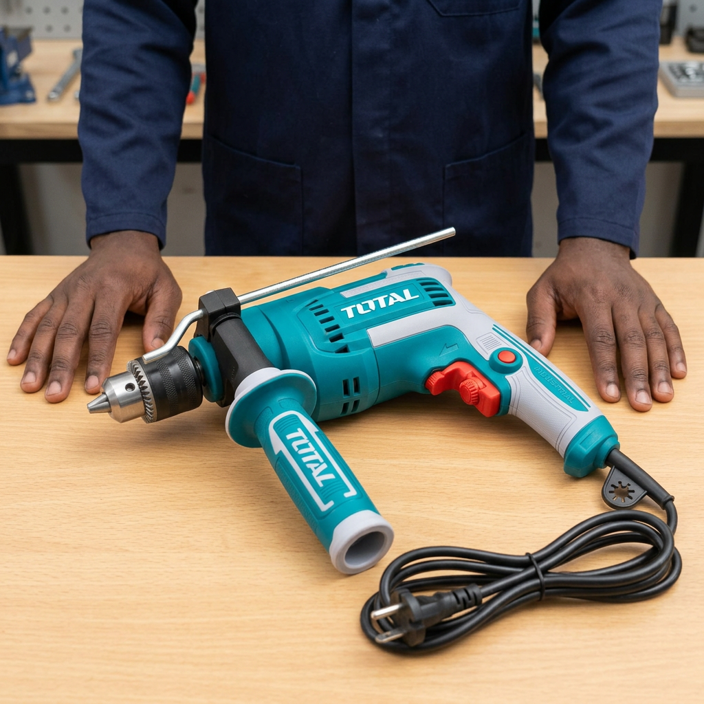 Technician inspecting the Total TG1091366 impact drill