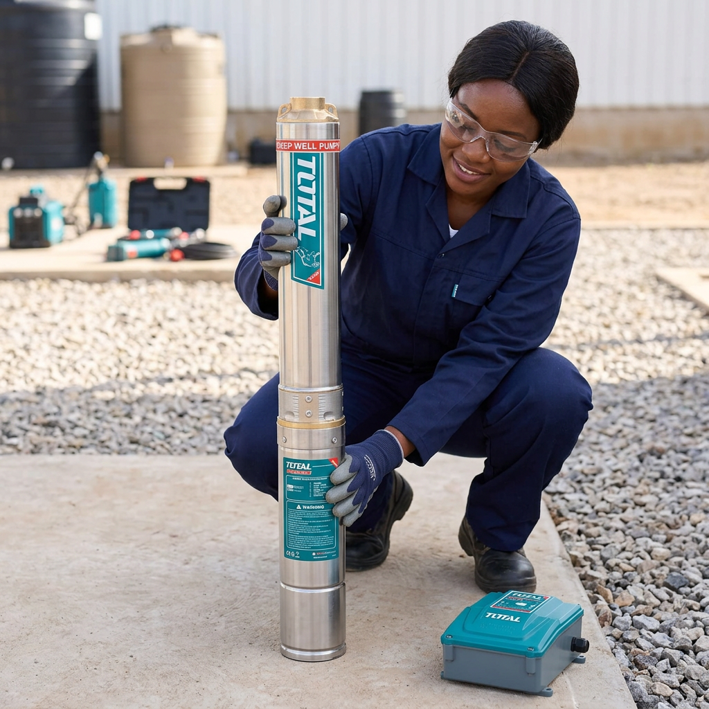 Technician positioning the Total deep-well pump