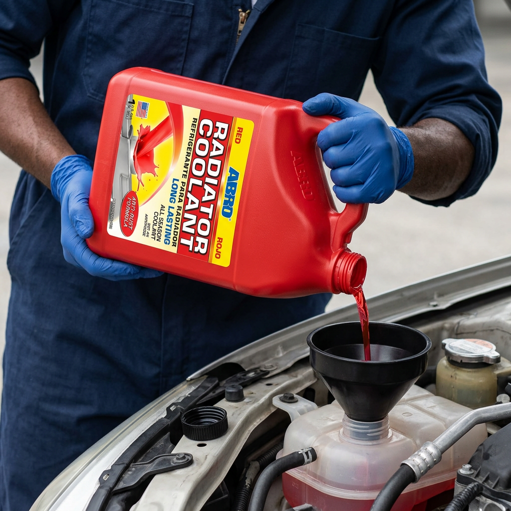 Technician pouring ABRO Red Radiator Coolant into a coolant reservoir through a funnel