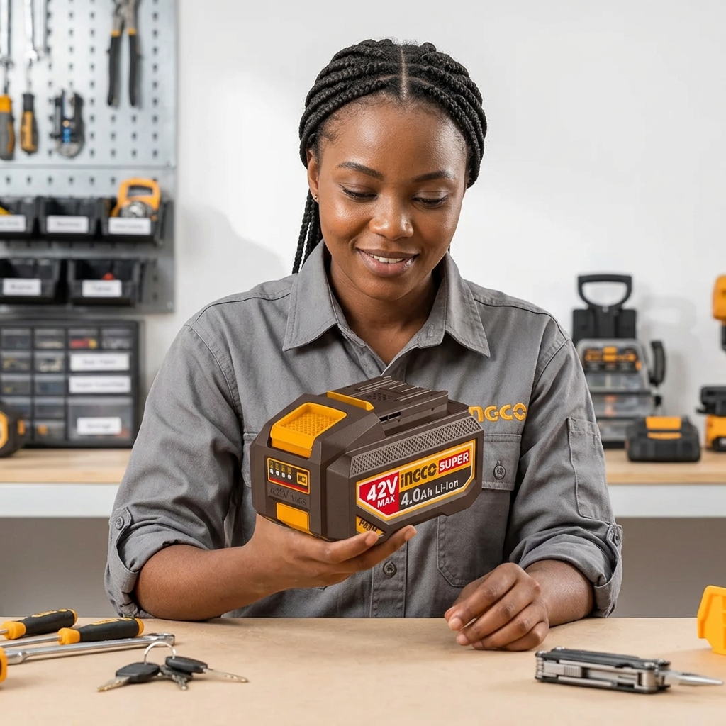 Technician preparing the Ingco 4.0Ah battery for work