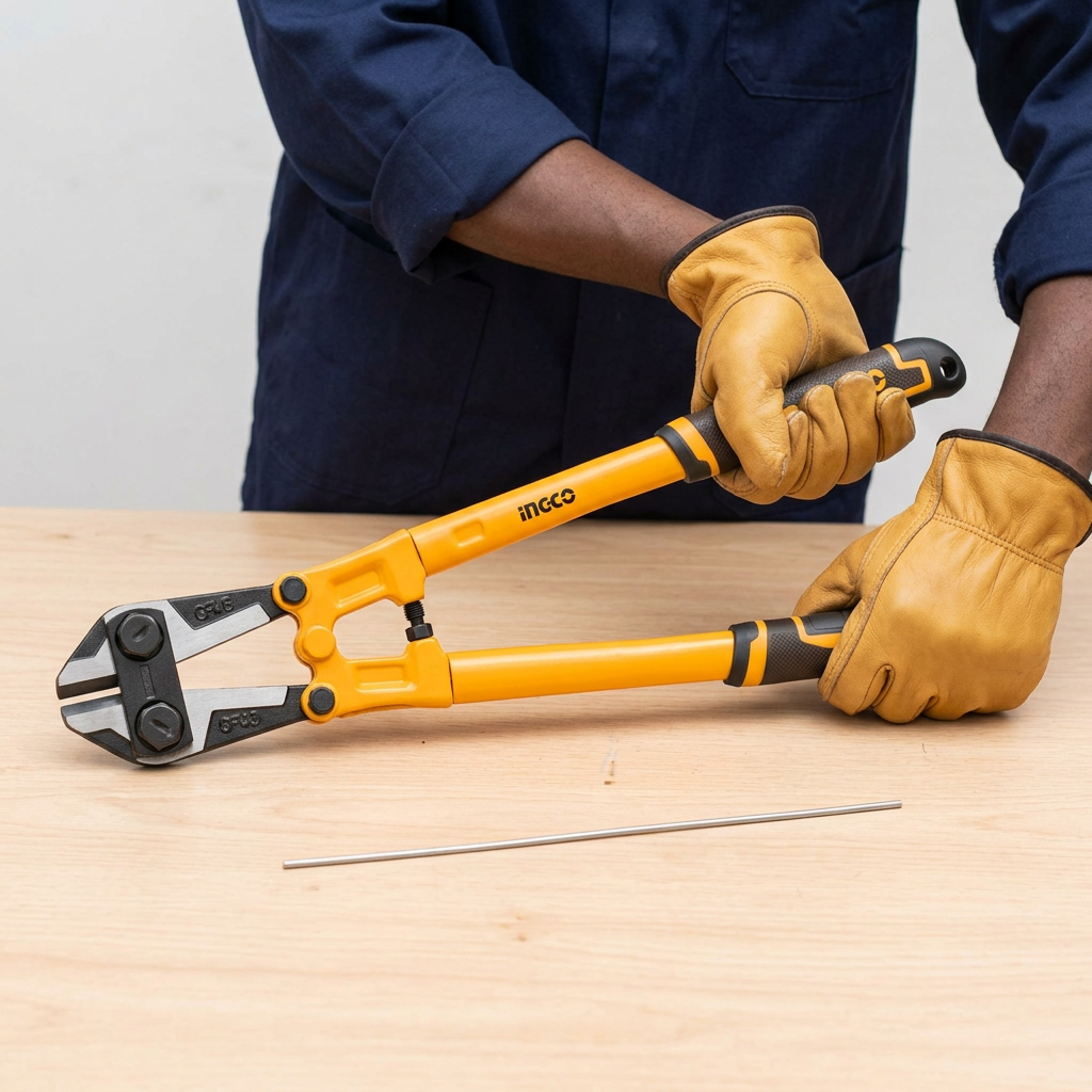 Technician preparing the Ingco bolt cutter at a workbench
