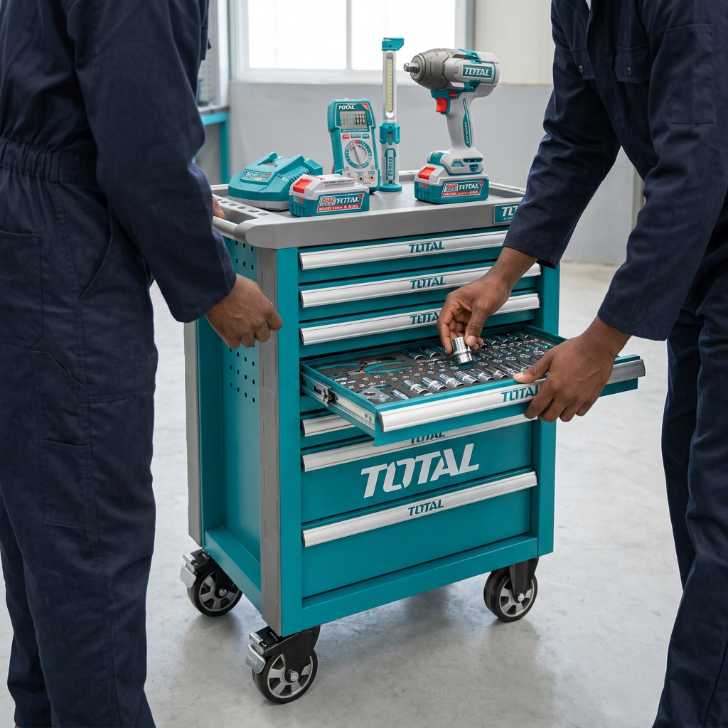 Technician selecting a socket from the tool chest