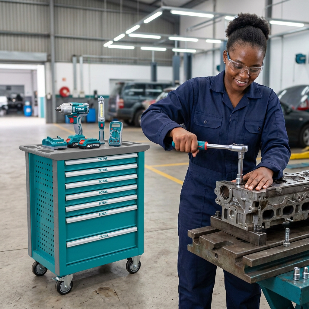 Technician using a ratchet beside the Total tool chest