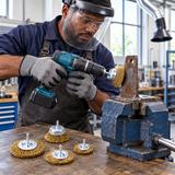 Technician using a wire-brush attachment