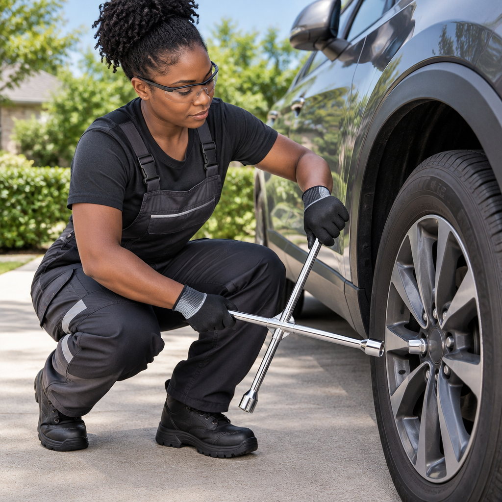 Technician using the Coofix four-way wheel wrench beside a parked car
