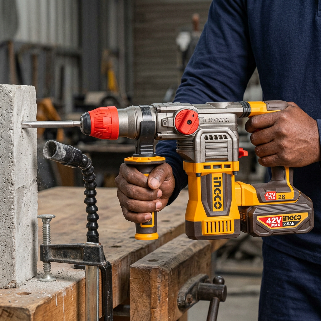 Technician using the Ingco rotary hammer on a clamped concrete block