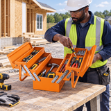 Technician using the open orange cantilever toolbox