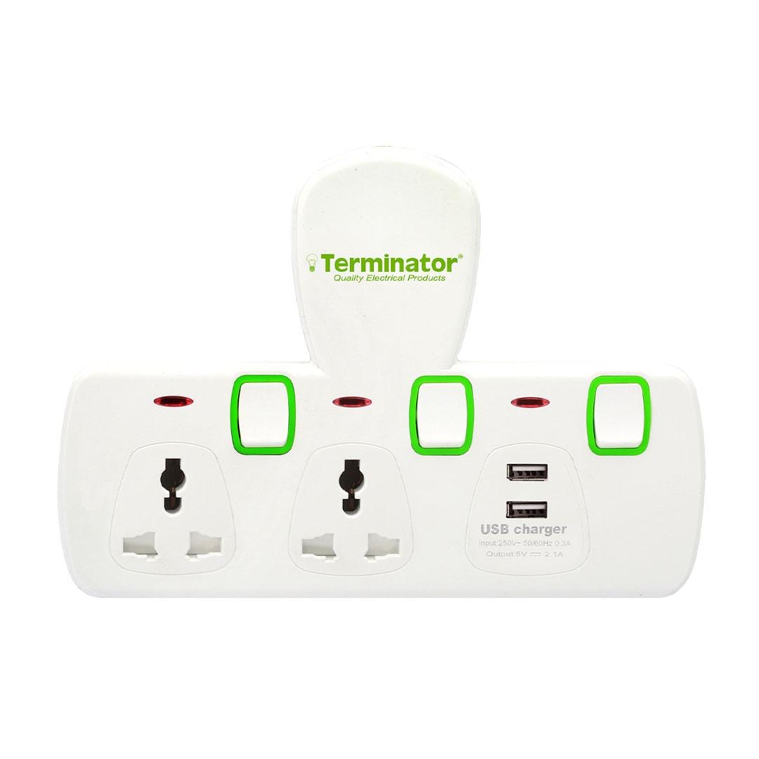 Terminator Power Management & Protection Terminator 2-Way T-Socket Multi Adaptor with 2 USB - TMA 2T-2USB