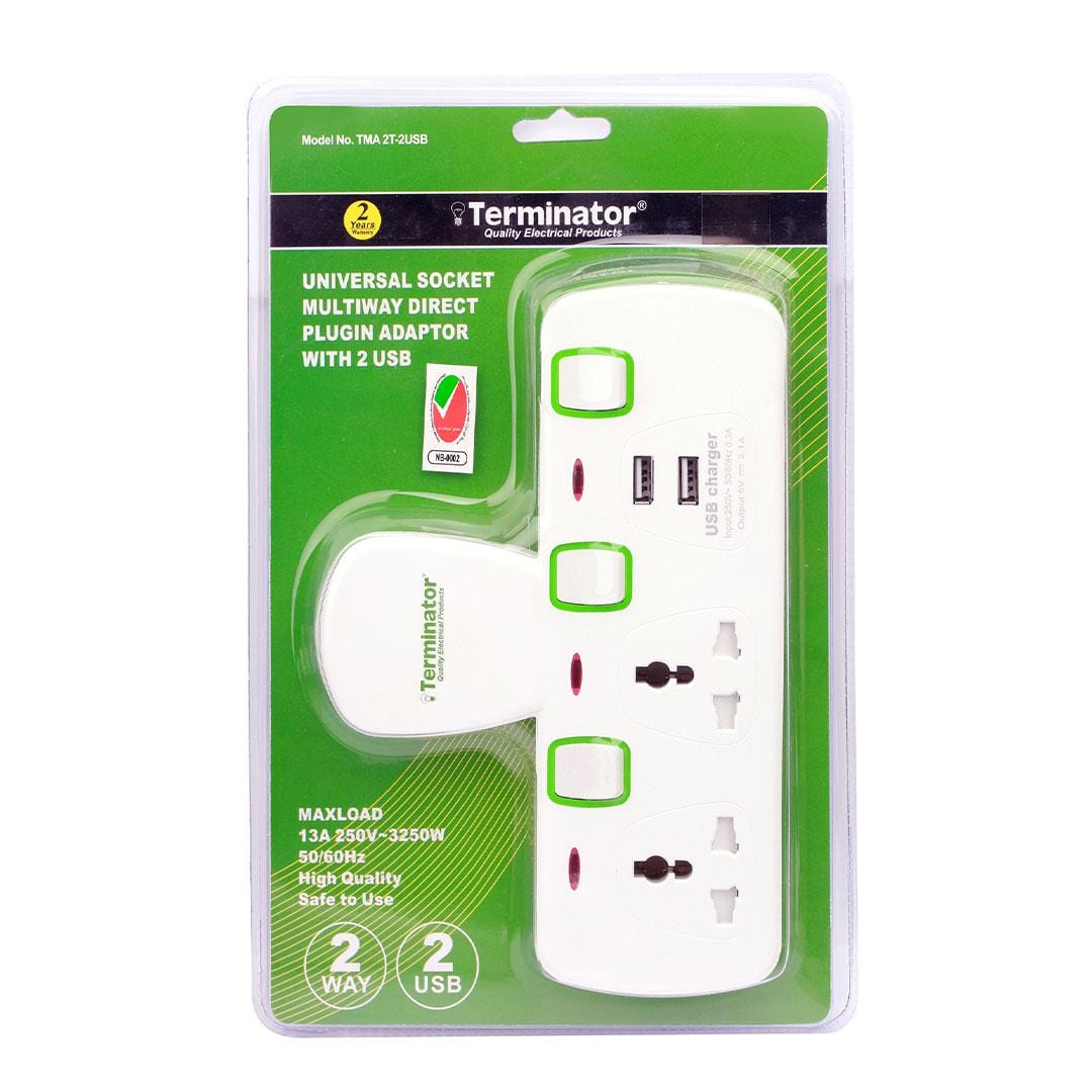 Terminator Power Management & Protection Terminator 2-Way T-Socket Multi Adaptor with 2 USB - TMA 2T-2USB