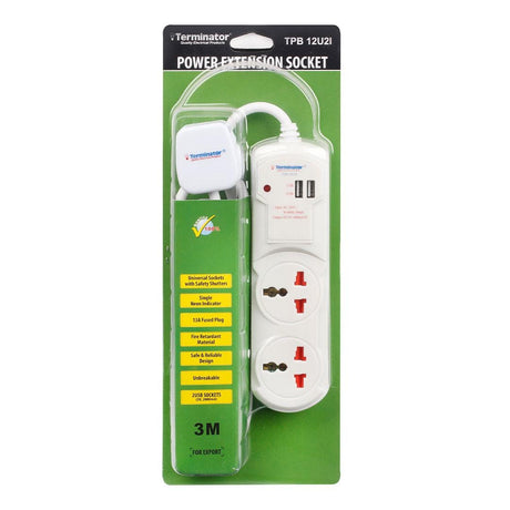 Terminator Power Management & Protection Terminator 2-Way Universal Power Extension Socket with USB - TPB 12U2I