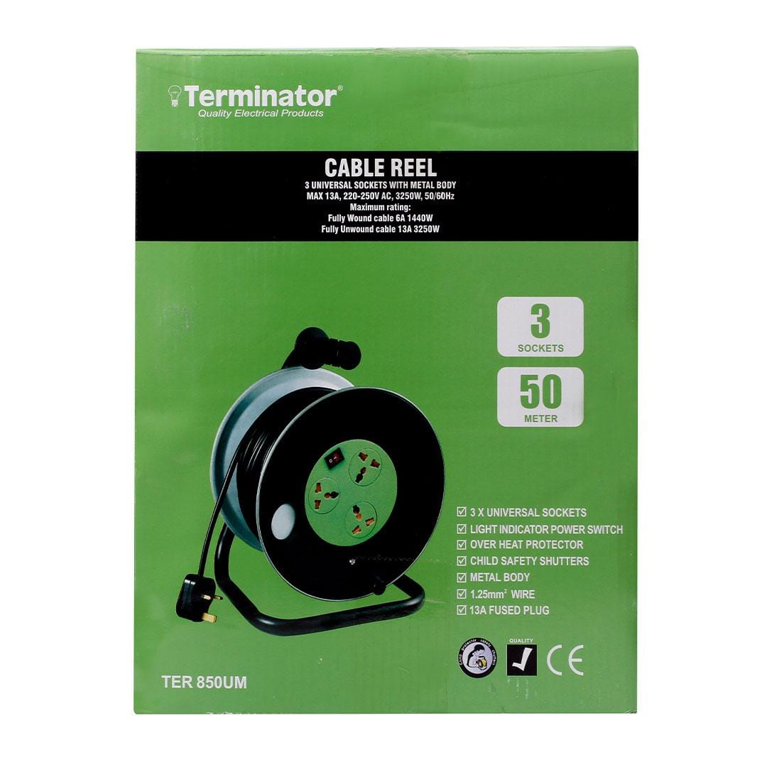 Terminator Power Management & Protection Terminator 3-Way Universal Extension Reel Socket with Lighted Switch 50M - TER 850UM