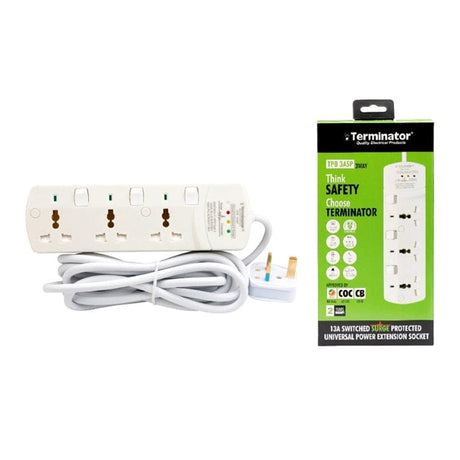 Terminator Power Management & Protection Terminator 3-Way Universal Power Extension Socket with Surge Protection - TPB 3ASP-3M