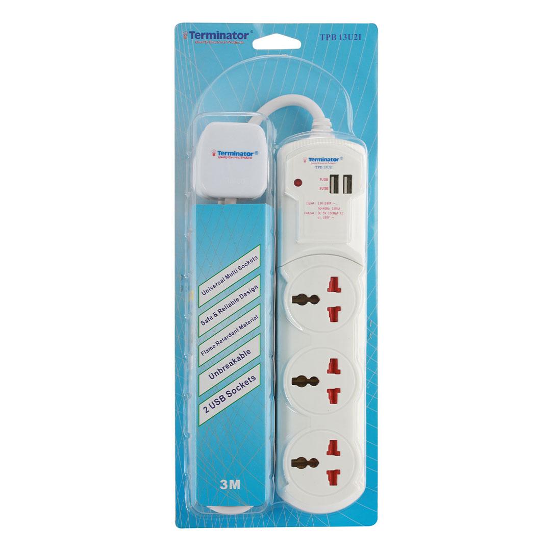 Terminator Power Management & Protection Terminator 3-Way Universal Power Extension Socket with USB - TPB 13U2I