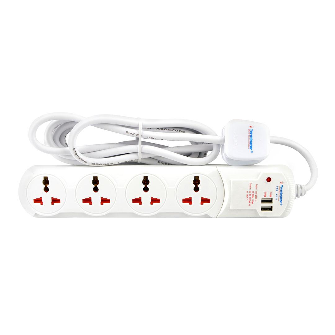 Terminator Power Management & Protection Terminator 4-Way Universal Power Extension Socket with USB - TPB 14U2I