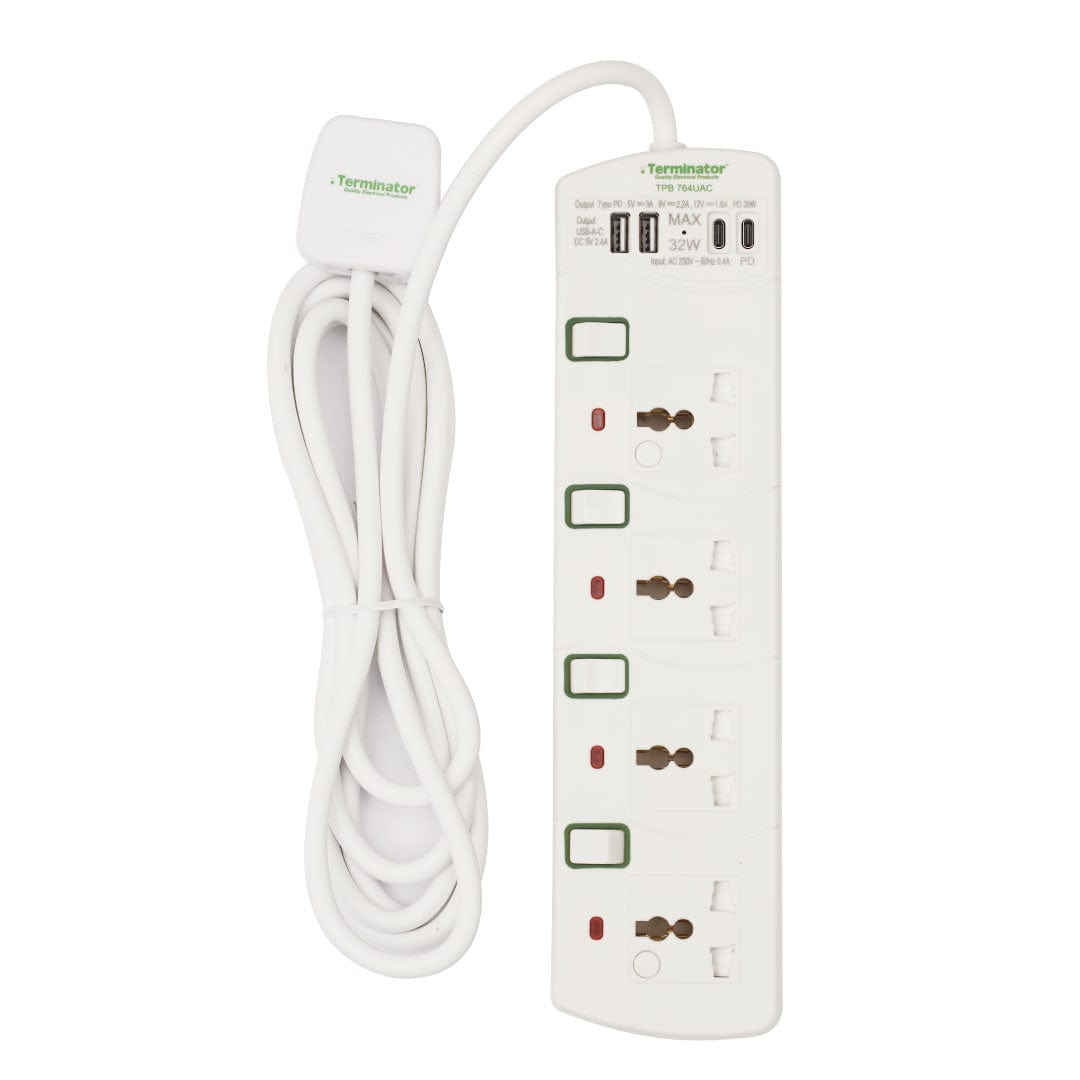 Terminator Power Management & Protection Terminator 4-Way Universal Power Extension Socket with USB - TPB 764UAC-3M