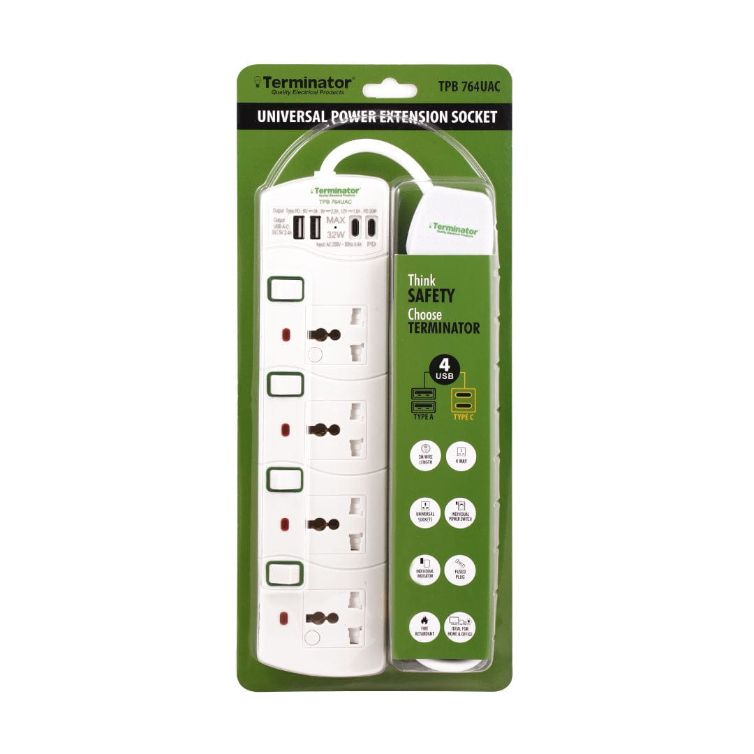 Terminator Power Management & Protection Terminator 4-Way Universal Power Extension Socket with USB - TPB 764UAC-3M