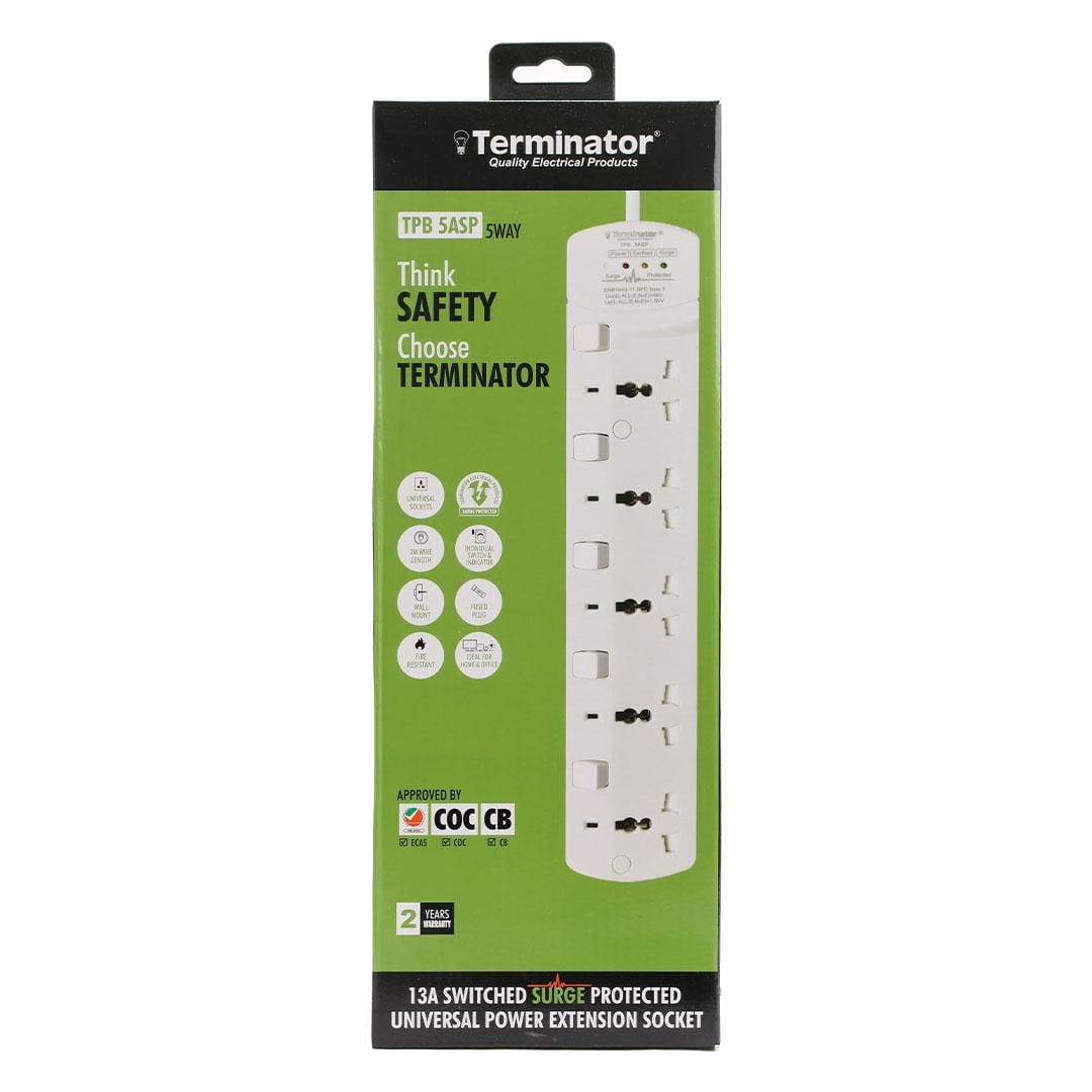 Terminator Power Management & Protection Terminator 5-Way Universal Power Extension Socket with Surge Protection - TPB 5ASP-3M